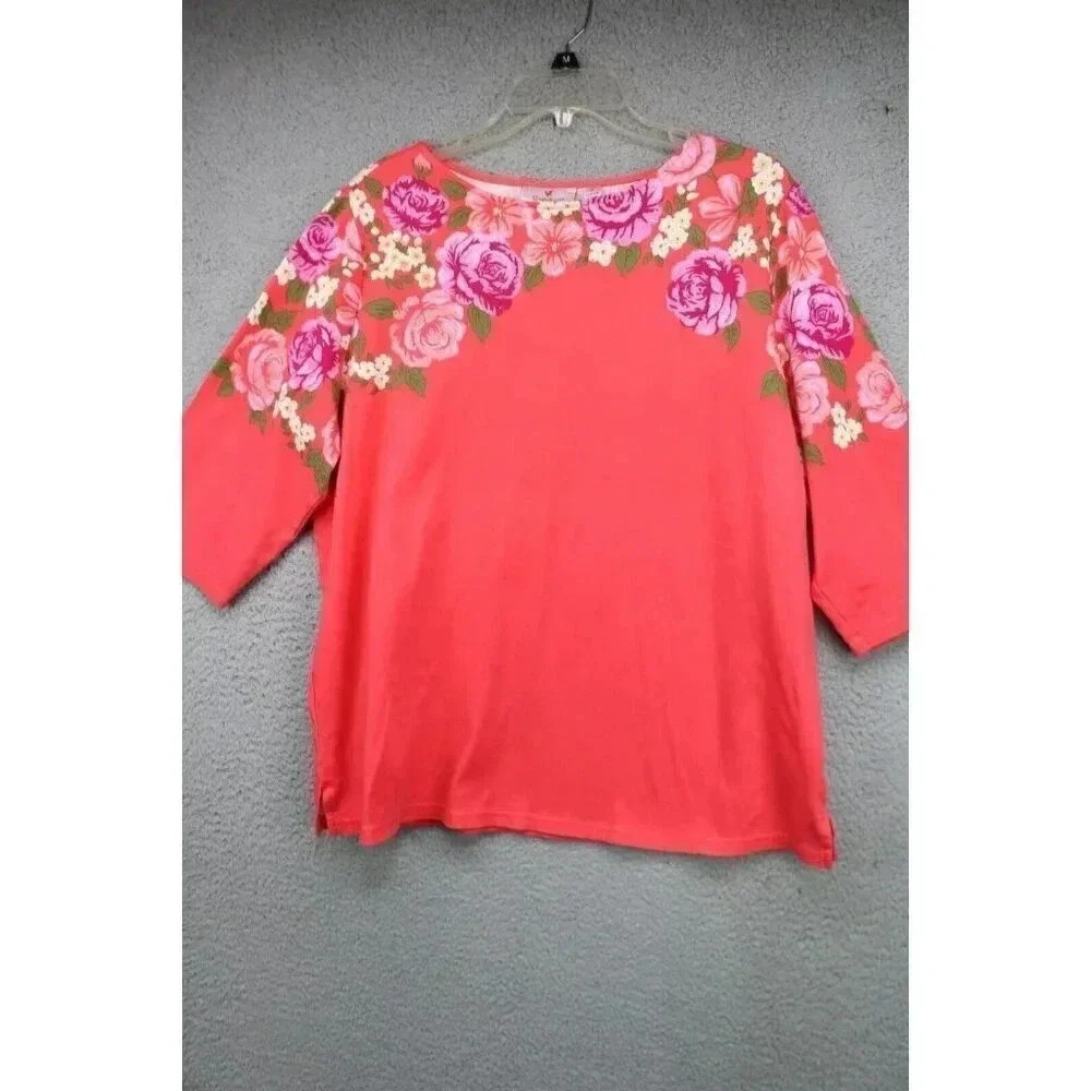 Quaker Factory Life is Rosey 3/4 Sleeve Floral Top w/Rhinestones-Size 1X